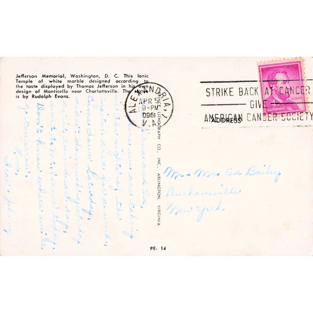Vintage 1961 Jefferson Memorial Washington DC Cherry Blossoms Postcard VG - Picture 2 of 2